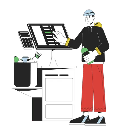 Man near self checkout terminal  Illustration