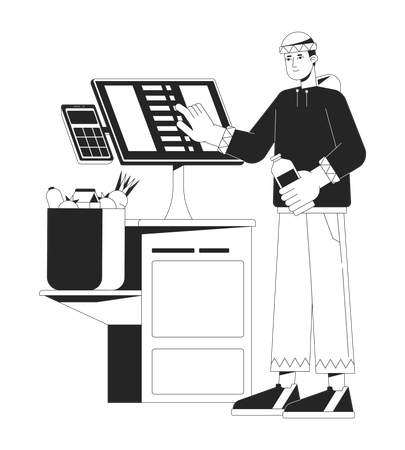 Man near self checkout terminal  Illustration