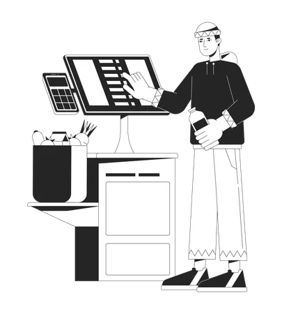 Man near self checkout terminal  Illustration