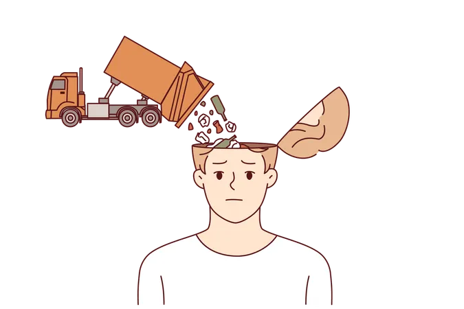 Man need information detox to clear garbage in heads poured out of truck symbolizing fake news  Illustration