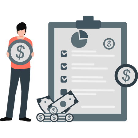 Man next to pie chart check list  Illustration