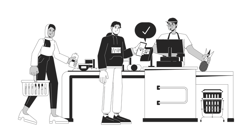 Man NFC contactless paying at checkout  Illustration