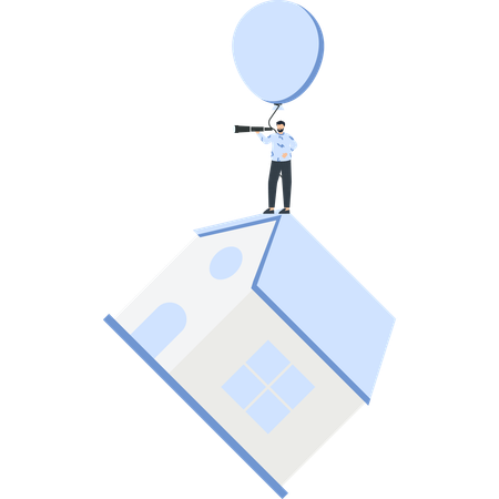Man Observing with a Telescope on a House with a Balloon  Illustration