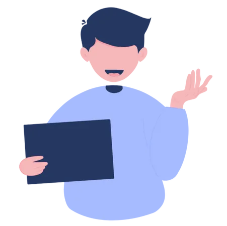 Man of raising hand while holding tablet  Illustration