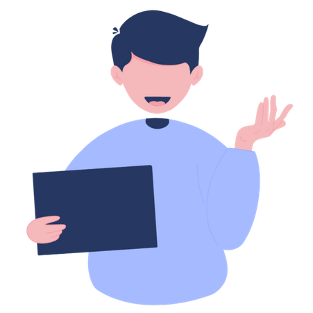 Man of raising hand while holding tablet  Illustration