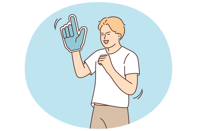 Man of sports team with giant glove for going to stadium for football  Illustration