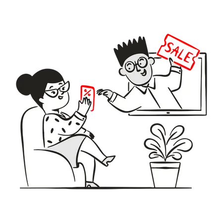Man offering woman a discount coupon  イラスト