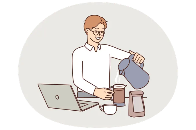 Man office worker brews coffee zero hot water from kettle at table with laptop  Illustration