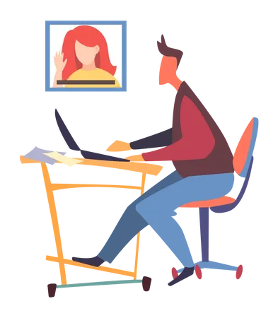 Man office worker sitting at table, using laptop, talking through videocall with colleague woman Illustration