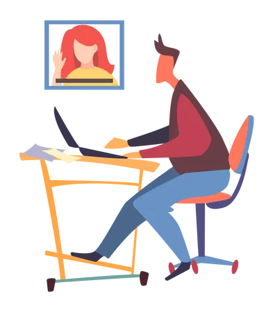 Man office worker sitting at table, using laptop, talking through videocall with colleague woman  Illustration