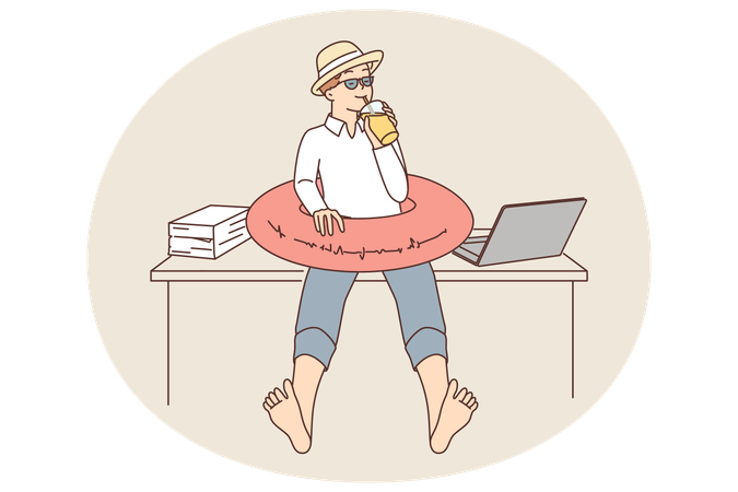 Man office worker with swimming ring dreams of going on summer vacation sitting at workplace  Illustration