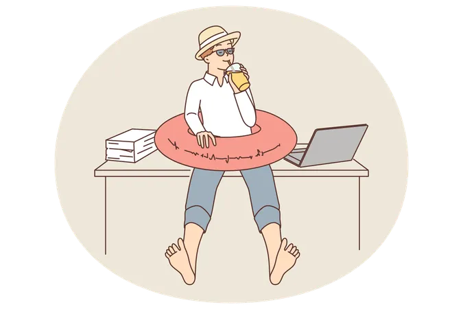 Man office worker with swimming ring dreams of going on summer vacation sitting at workplace  Illustration