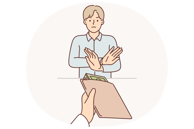 男性職員が賄賂を拒否するストップジェスチャーを示し、汚職の役人になりたくないと訴える  イラスト