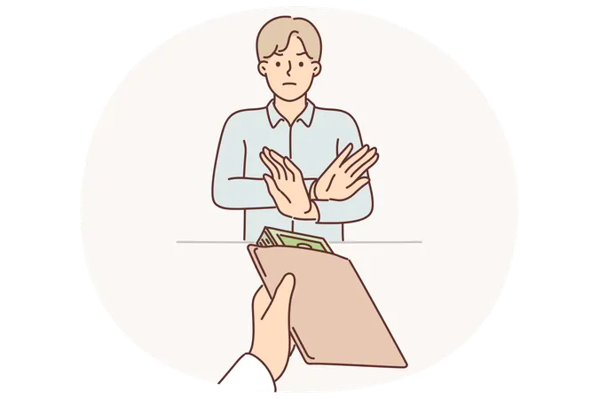 男性職員が賄賂を拒否するストップジェスチャーを示し、汚職の役人になりたくないと訴える  イラスト