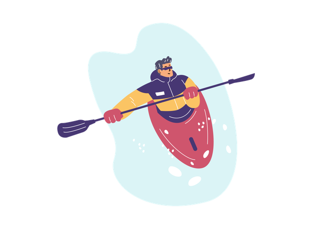 Man on a kayak holding an oar in demi-season clothes  Illustration