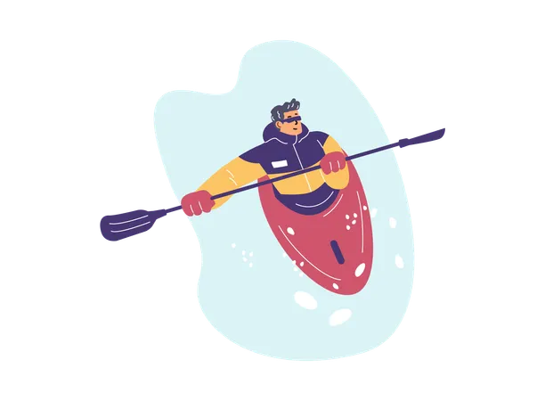 Man on a kayak holding an oar in demi-season clothes  Illustration