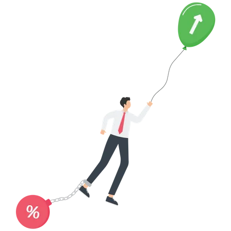 Man on balloon flies over cliff  Illustration