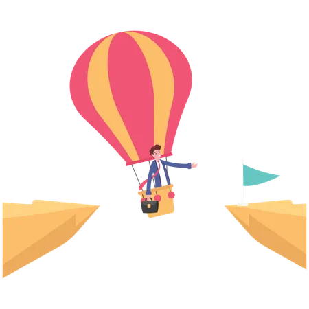 Man on balloon to solve businessman across the cliff  Illustration