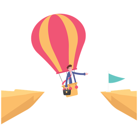 Man on balloon to solve businessman across the cliff  Illustration