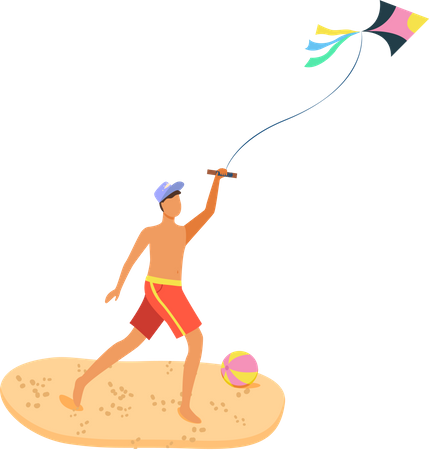 Man on Beach Having Fun with Kite  Illustration