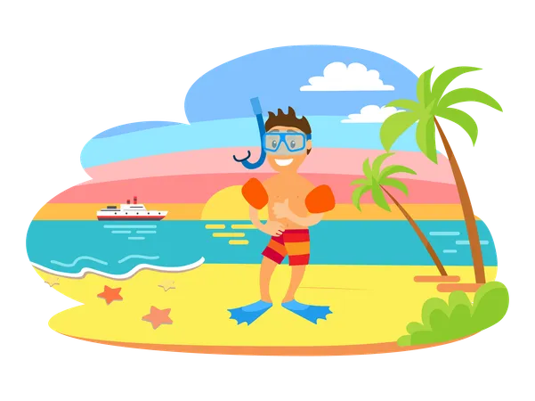 Child Wearing Underwater Mask Flippers And Inflatable Circles Standing On Beach Smiling Character In Shorts Ocean View With Ship And Sunset Vector Beach With Palms 일러스트레이션