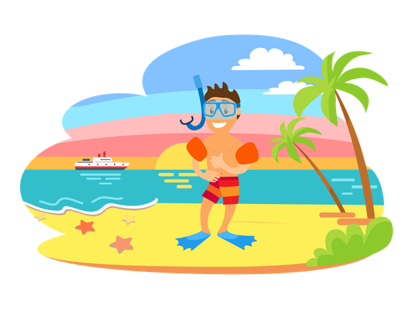 Man on beach wearing swimming equipment  Illustration