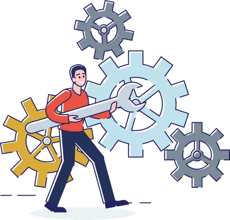 Teamwork And Brainstorm Concept Male Character Repairs Cogwheel Mechanism With Wrench Metaphor Of Solution Problems In Business And Everyday Life Cartoon Linear Outline Flat Vector Illustration Illustration