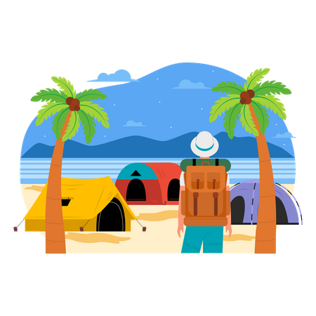 Man on camping at the beach  Illustration