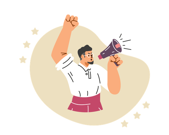 Man on demonstration with loudspeaker and megaphone  Illustration