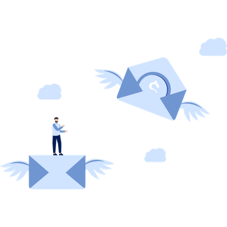 Man on Envelope with Wings Email Marketing Cloud  Illustration