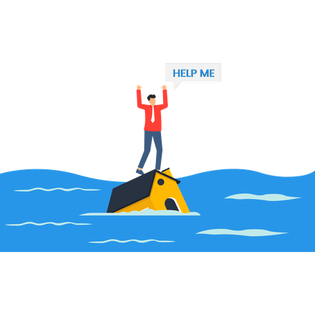 Man on Flooded House Asking for Help Disaster  Flood Damage Insurance Claim Crisis  Illustration