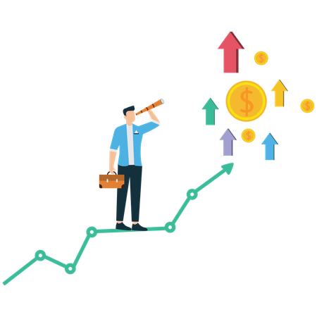 Man on growth chart looking through telescope  Illustration
