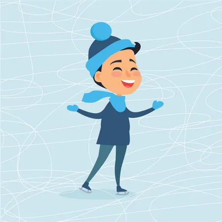 Cartoon Smiling Boy On Icerink In Flat Design Christmas Entertainment In City In Winter Time Vector Illustration Of Happy Male Person In Blue Hat And Scarf Enjoying Life Spending New Year Holidays Illustration