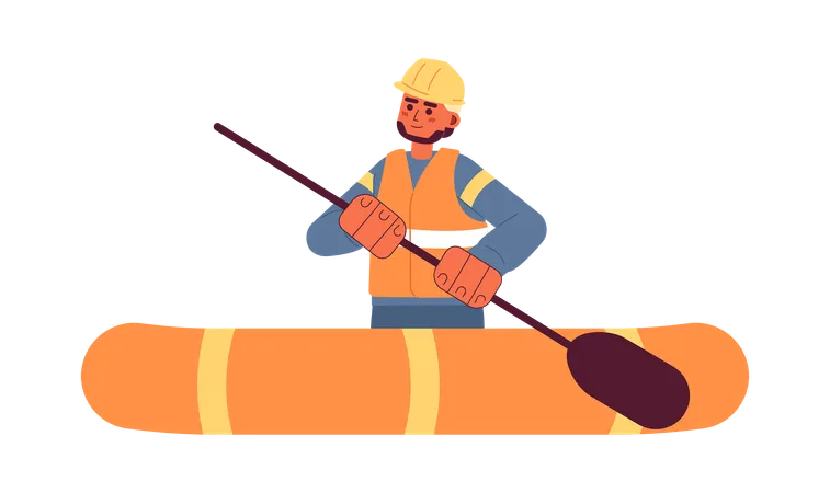 Man on inflatable boat rowing  Illustration