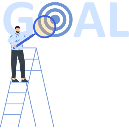 Man on Ladder Examining Goal with Magnifying Glass Business  Target Audience  Illustration