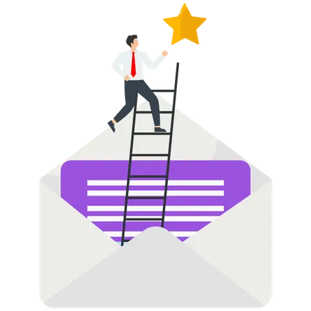 User Experience Reviews Of High Quality Or Good Business Reputation Positive Customer Feedback For Product Or Satisfaction Rating Email Management Man On The Ladder In An Envelope Points To A Star Illustration