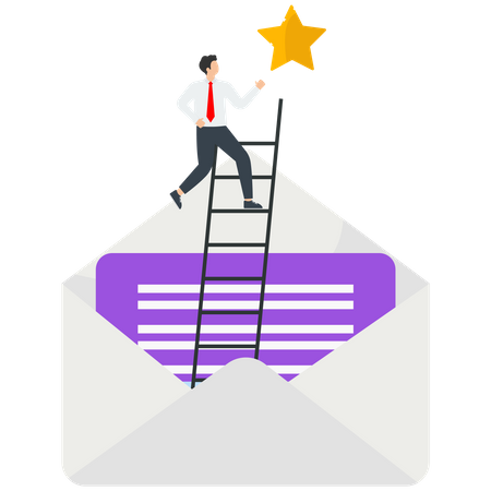 Man on ladder in an envelope points to star  Illustration