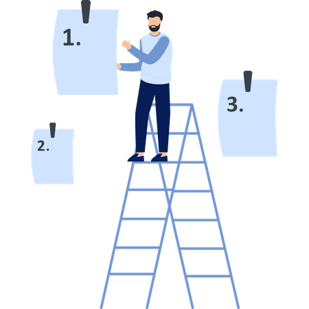 Man on Ladder with Notes: Planning Ideas and Organization  Illustration