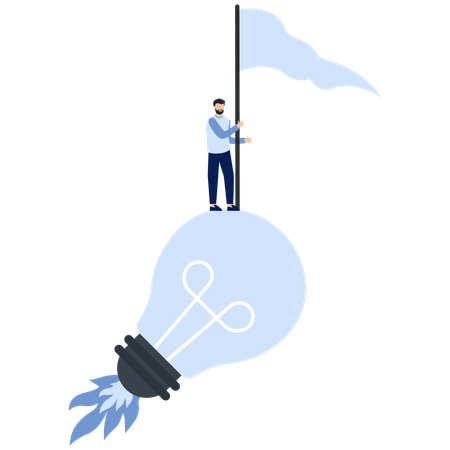 Man on Lightbulb with Flag Innovation and Success  Illustration
