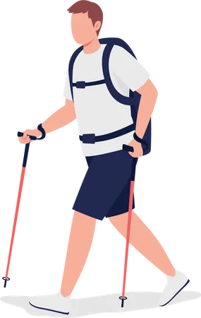 Man On Nordic Walk Semi Flat Color Vector Character Trekker Hiker Figure Full Body Person On White Outdoor Activity Isolated Modern Cartoon Style Illustration For Graphic Design And Animation Illustration