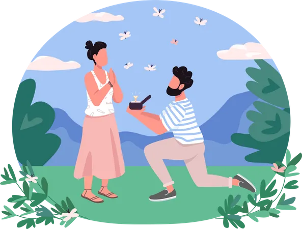 Man on one knee present diamond ring for Marriage proposal  Illustration