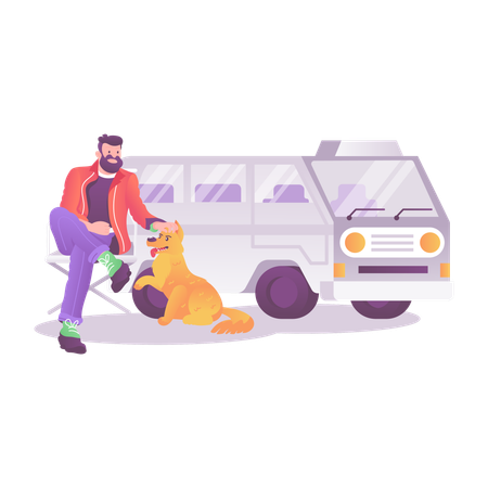 Man on picnic with pet  Illustration