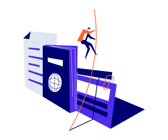 Man on pole trying to jump over passport and papers  Illustration