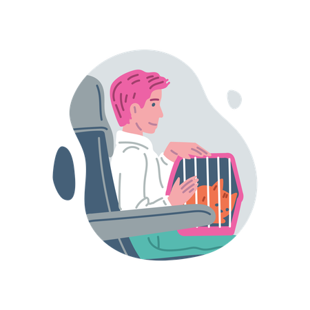 Man on public transport with pet in carrier  Illustration