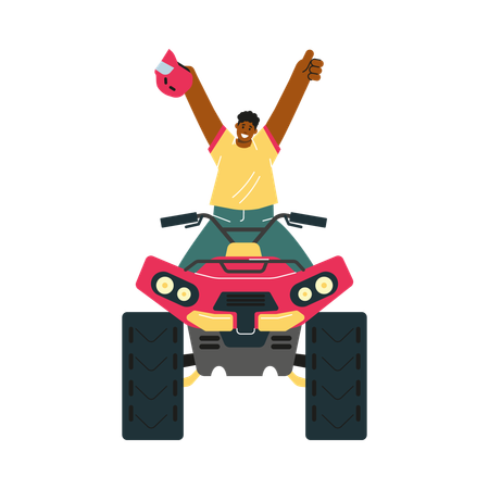 Man on quad bike cheerfully raising hands  Illustration