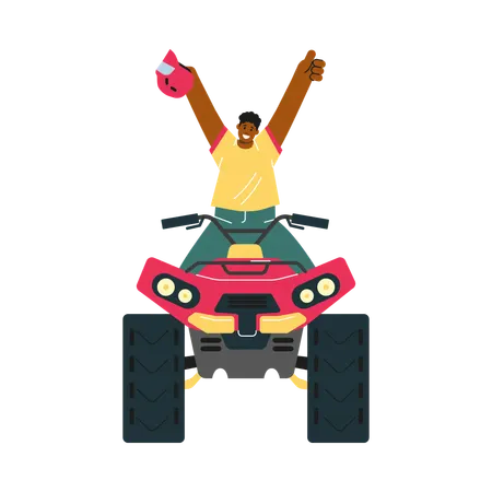 Man on quad bike cheerfully raising hands  Illustration