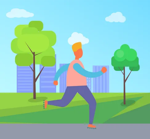 Man Running On Roller Skates In Summertime City Park Vector Illustration With Green Trees And Grass And Town Buildings On Background Illustration