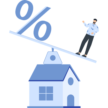 Man on Seesaw with Percentage Symbol and House Financial  Illustration