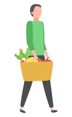 Man On Shopping Buying Products Isolated Cartoon Character Vector Male With Bag Or Baskets Full Of Grocery Food Vegetables And Greens Flat Style Illustration