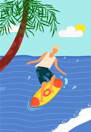 Beach Activities Man On Surfboard In Blue Sea With Palm Tree Vector Surfer On Board Ocean Water Splashes Summer Fun Windsurfing Sport Recreation Illustration